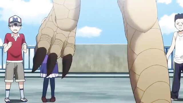 Monster Musume anime boys dwarfed by giant slime girl claw hand on rooftop