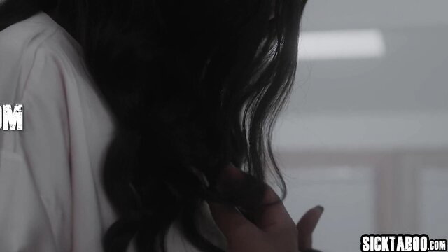 August Skye black MILF long wavy hair back view white top