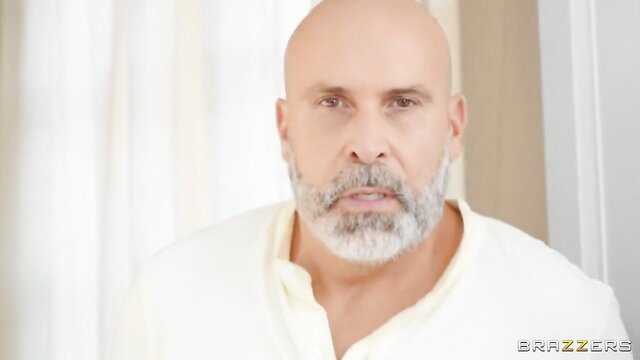 Bald mature man in white shirt, Brazzers pool day stepmom tease