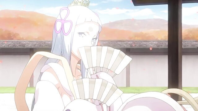 Anime hentai girl with white hair and crown fans herself in kimono