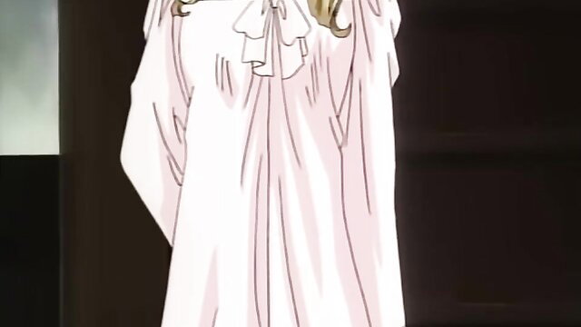 Naughty anime teen in flowing white dress with bow, alluring pose