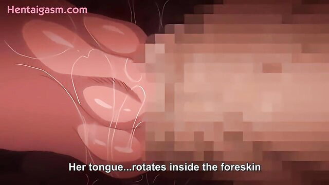 Hentai girl tongue rotates inside foreskin blowjob closeup
