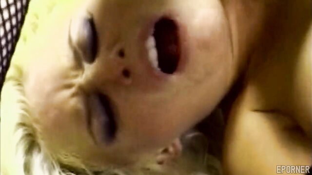 Blonde lingerie babe with wide-open mouth in ecstasy closeup