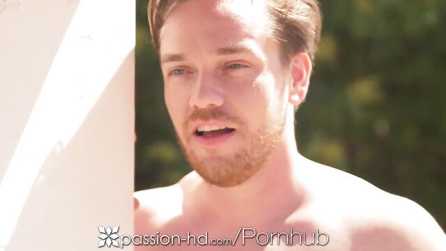 Audrey Hempburne with handsome male lifeguard by pool Passion-HD