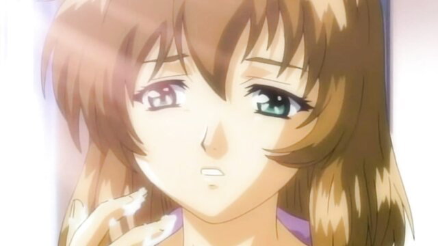 Cute anime teen hottie with heterochromia eyes, teary face in hentai anal
