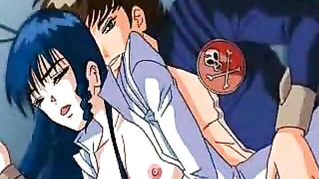 Anime couple in steamy hentai embrace, blue-haired girl pinned by guy