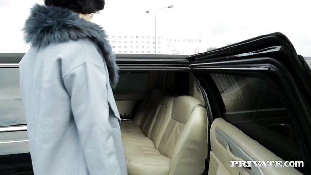 Ria Sunn in fur coat at limo door, ready for back seat action