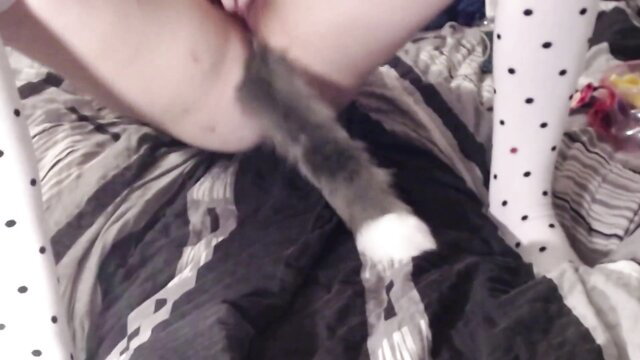 eGirl in stockings masturbates with tail plug on cam