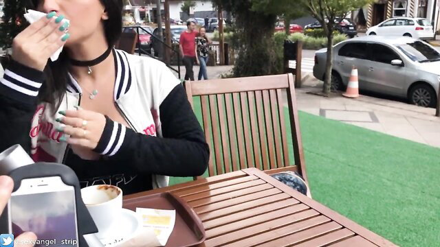 Emanuelly Raquel blue nails choker jacket public toy tease face