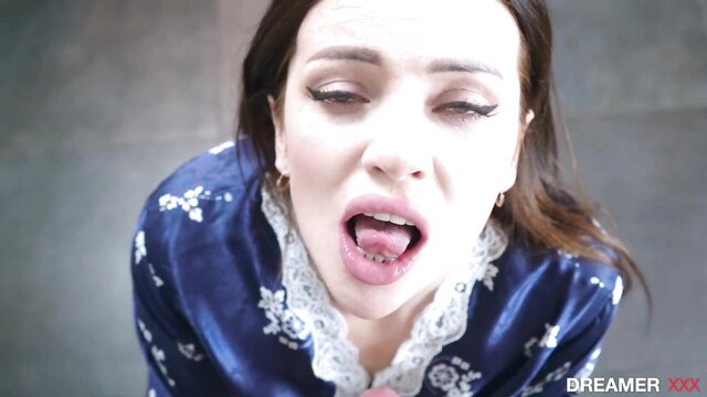 Luna Roulette tongue out closeup in lingerie, cum in mouth swallow