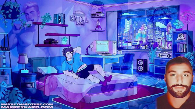 Anime twink lounging shirtless in neon bedroom with fit guy overlay