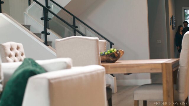 Serena Hill in modern home dining room Free-Use Sitter scene