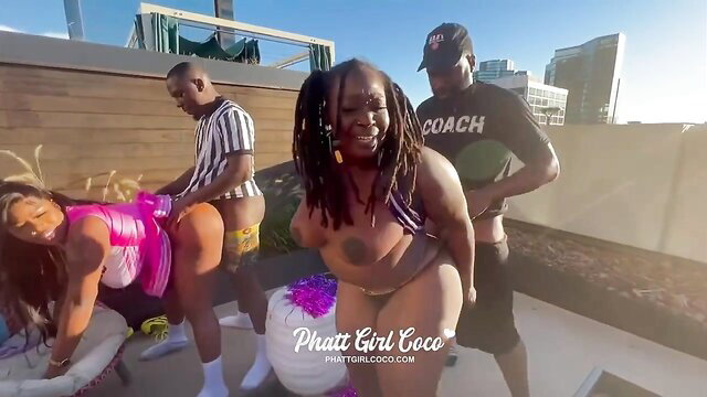 Lewd black BBWs twerking topless in skimpy bikinis outdoors