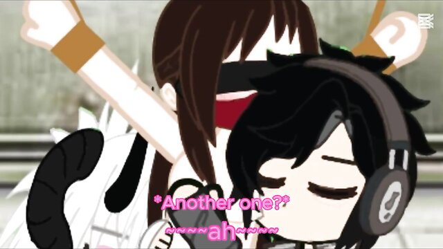 Blindfolded anime girl in headphones gropes cute black-haired guy in hentai scene