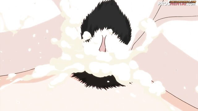 Horny brunette milf face covered in thick cumshot from virgin boy hentai