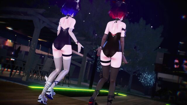 Seele and Veliona twin anime girls in lingerie and stockings skating