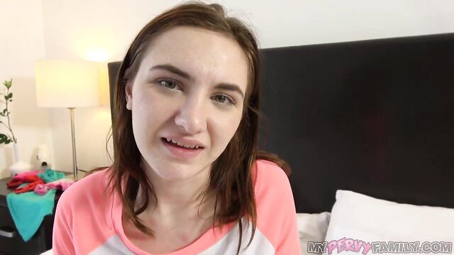 Brunette step-mom with open mouth watches taboo fun, pink top