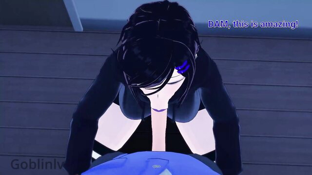 Black-haired anime girl in tight suit amazed by huge cock, close-up blowjob tease