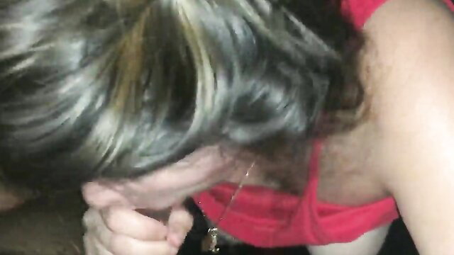 Blonde bending over deepthroating cock, swallowing cum closeup