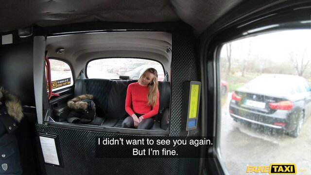 Angel Emily reluctant in Fake Taxi cab, red top leather pants
