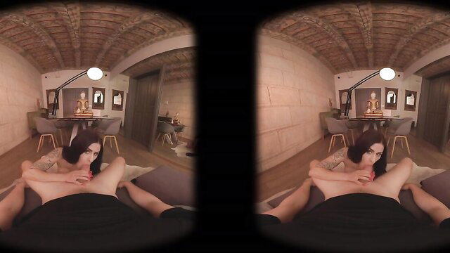 Naughty bimbo lounging seductively in VR POV, topless tease