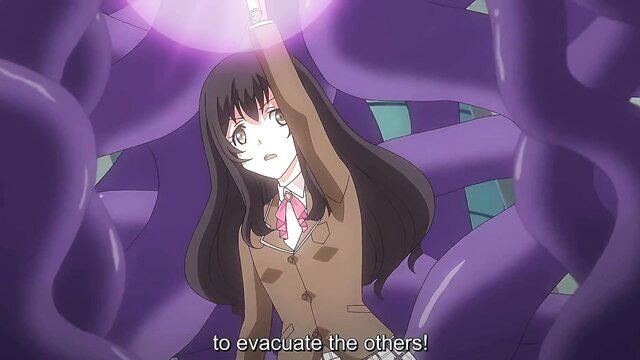 Magical girl teen with black hair fights purple tentacles in hentai scene