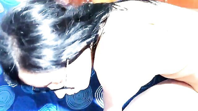 Asian step-cousin in glasses bends over nude, exposing ass and pussy