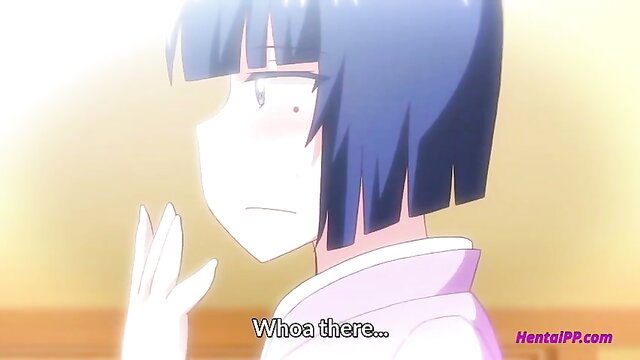 Cute blue-haired anime girl in pink dress saying 'Whoa there' hentai scene