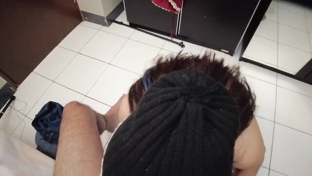 Asian beauty in beanie on knees sucking cock POV in tight threesome