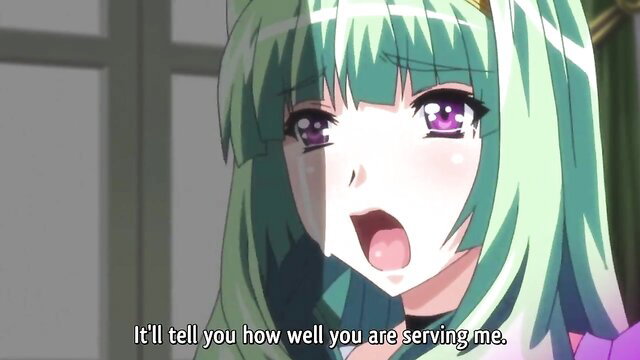 Cute green-haired hentai teen with big eyes, mouth open in ecstasy