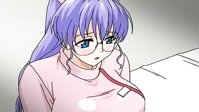 Anime nurse with purple hair and blue eyes wearing a pink top