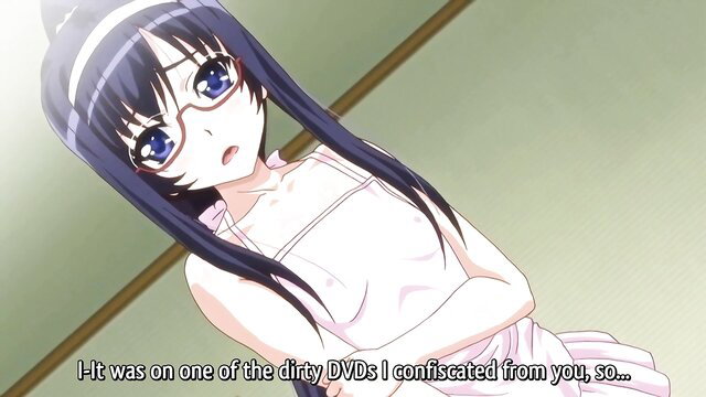 Petite academy girl in white dress blushes shyly from confiscated dirty DVDs