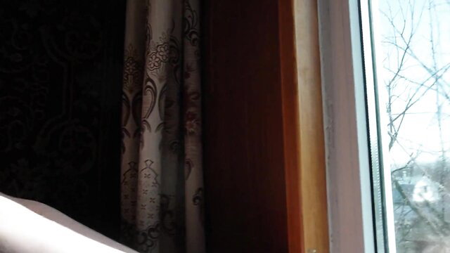 Sexy village girl nude by window, pale skin curves lit softly