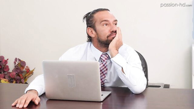 Man bun businessman in suit thinking at desk, Passion HD office tease