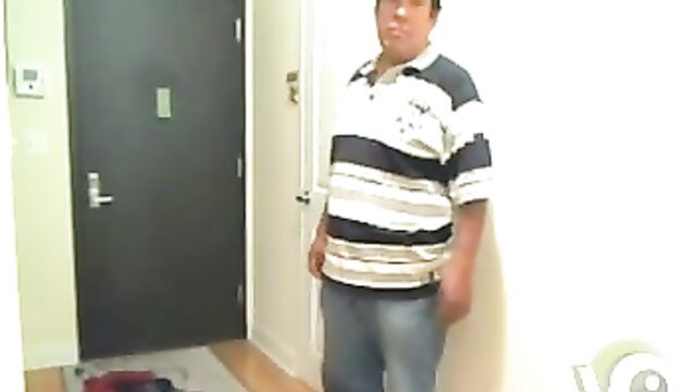 Chubby Asian delivery man stands at door in amateur grope video thumbnail