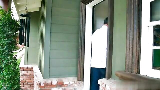 Man in white shirt bending over at door, teasing stepmom fuck