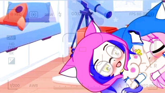 Pink catgirl glasses in lesbian cuddle with blue sharkgirl Gacha Club hentai