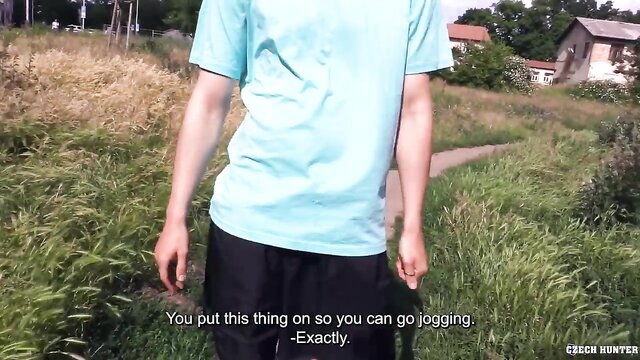 Czech Hunter 798: Cute twink Denny Chris in tight cyan tee and black shorts outdoors