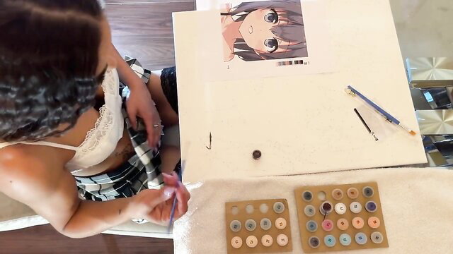 Hot brunette MILF in lingerie painting anime art, Leon Lambert nearby
