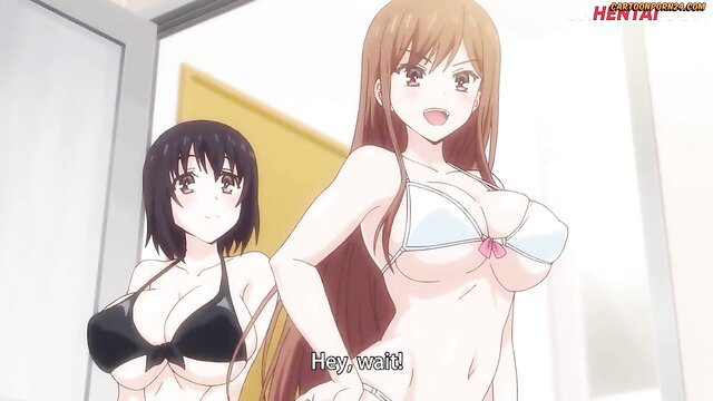 Two busty anime cousins in bikinis call out hey wait in sexy hentai scene