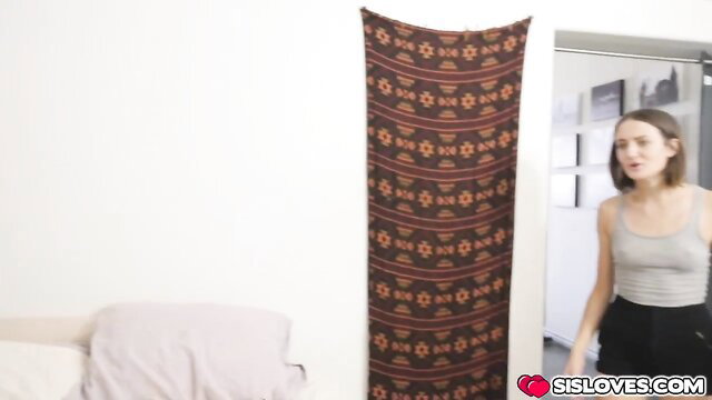 Hot stepsis Andi and April in bedroom, grey tank top and shorts