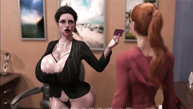 Big Tit MILF in Sexy Suit Holds Card with Redhead Girl 3D Hentai