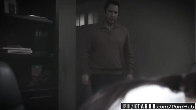 Alina Lopez with teacher in dimly lit room, tense taboo hookup