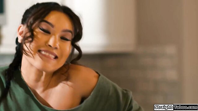 Kimmy Kimm Asian teen smiling seductively off-shoulder top