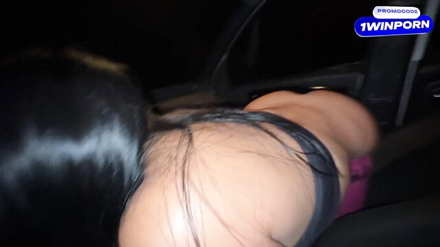 Asian babe in lingerie bent over car backseat, big ass up