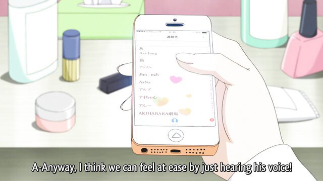 Anime girl hand holding phone with flirty texts in pink bathroom