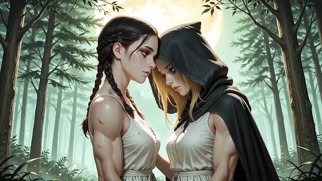 Vamality's muscular brunette and blonde witch touch foreheads in moonlit forest