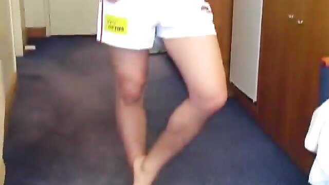 Straight guy fondled in hotel room, muscular legs in white shorts