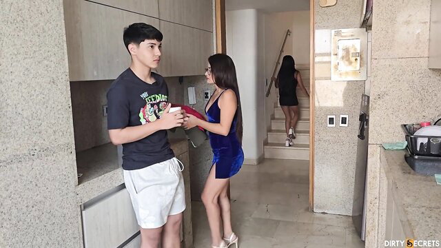 Kathy Lee69 in tight red dress caught spying on stepbro in kitchen