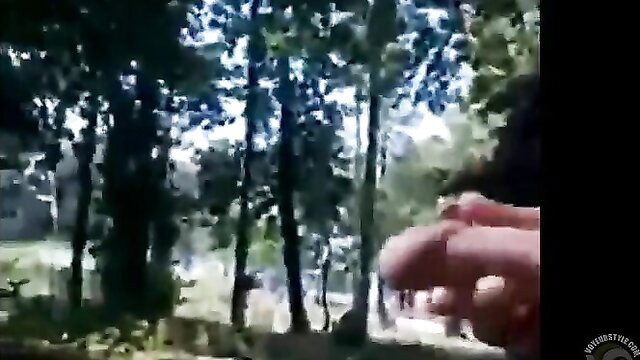 Man jerking thick cock outdoors in sunny forest, amateur solo handjob